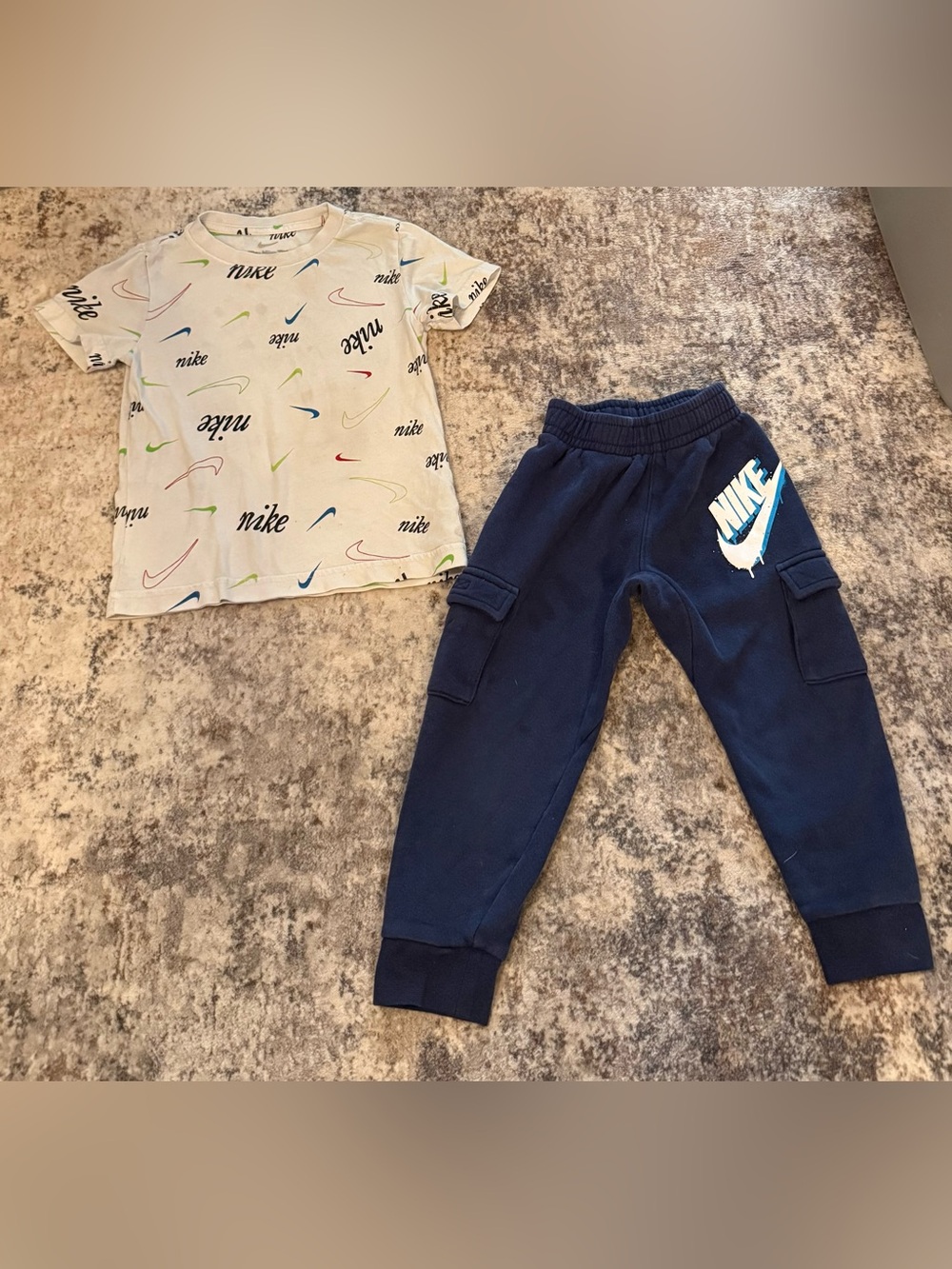 Nike Kids White Multicolor Logo Tee and Navy Cargo Joggers Set